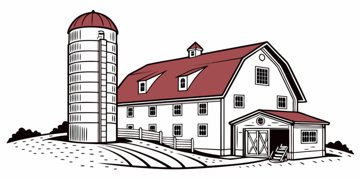 a white farm building with a red roof and a silo Vector