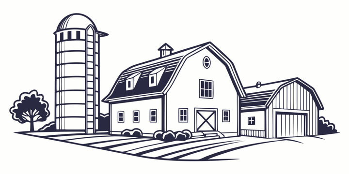 a farm with a barn and silo Vector