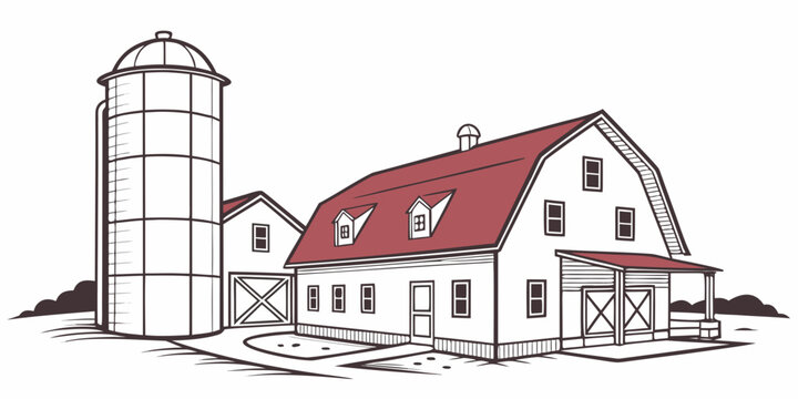 a farm with a barn and a silo Vector