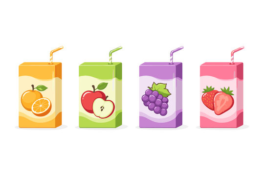 Assortment of fruit juice boxes with straws, featuring orange, apple, grape, and strawberry flavors