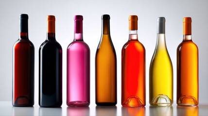 Naklejka premium Elegant assortment of colorful glass bottles containing alcoholic beverages, creating an enticing beverage showcase presentation