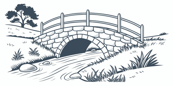 a small stone bridge over a stream with a tree Vector