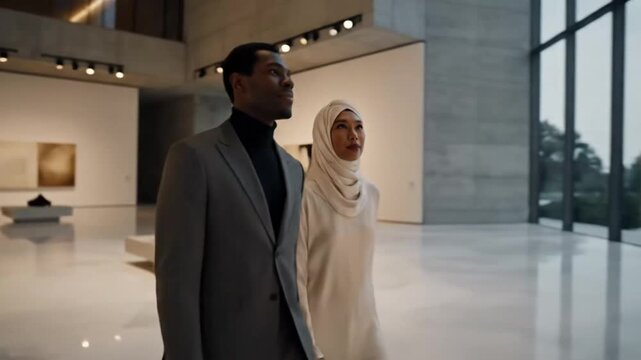 A well-dressed man and woman in modest attire walk through a modern art gallery, admiring abstract paintings and a sculpture.