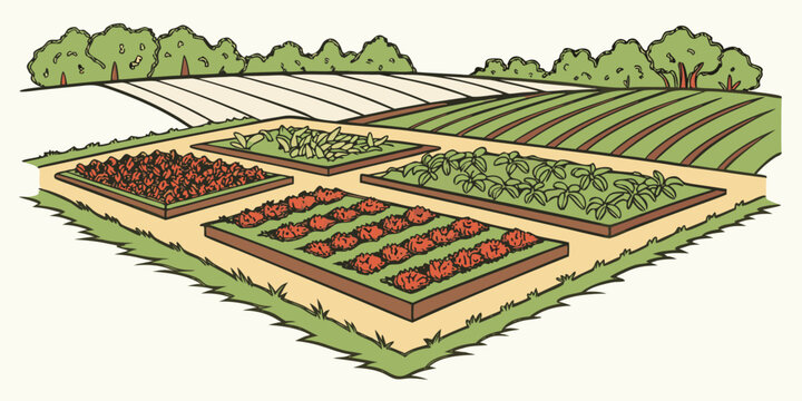 a garden with multiple plots of land for growing vegetables Vector