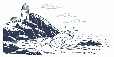 Naklejka premium a lighthouse on a rocky coastline with waves crashing Vector