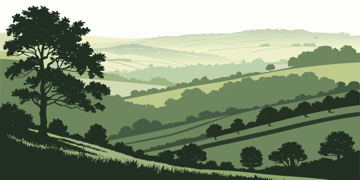 a serene landscape with rolling hills and a tree Vector