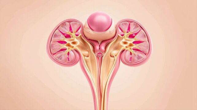 Human Urinary System Cross Section Illustration Showing Kidneys, Bladder, Ureters, and Urethra Anatomy
