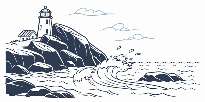 a lighthouse on a rocky coastline with waves crashing Vector