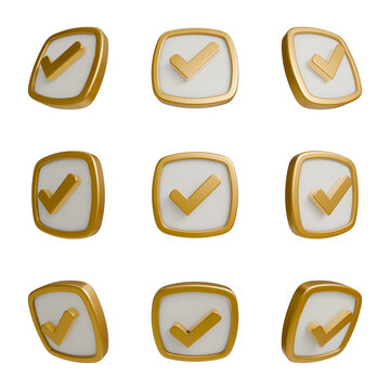 3D rounded square with gold check mark icons in various angles for premium verification design.