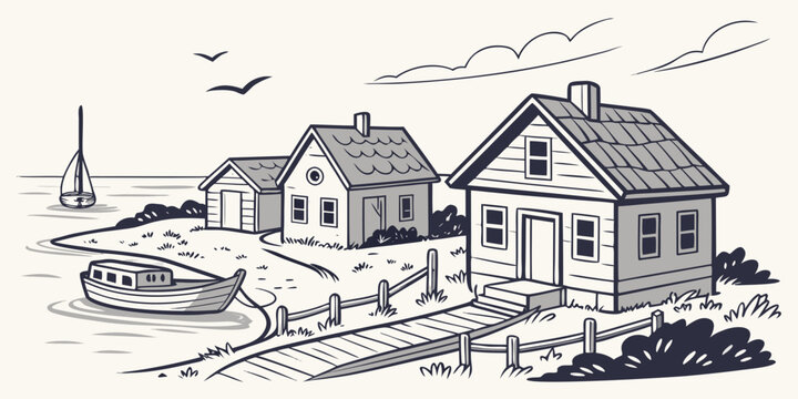 a small coastal town with houses and a lighthouse Vector
