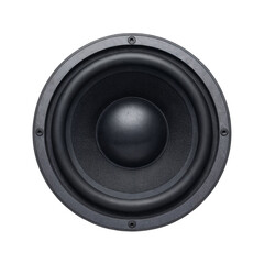 Black audio speaker cone with textured surface and central dome surrounded by a rubber surround and bolted to a circular frame in a close up studio shot