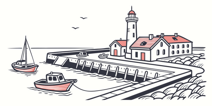 a small town with a lighthouse and boats Vector