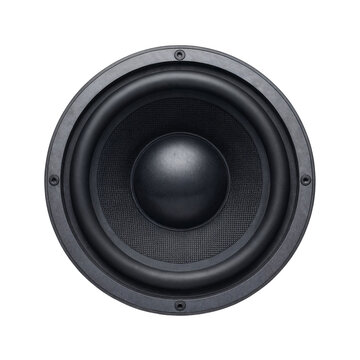 Black audio speaker cone with textured surface and central dome surrounded by a rubber surround and bolted to a circular frame in a close up studio shot