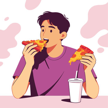 A happy young man in a purple t-shirt enjoying two slices of delicious pizza with a drink on a pink background.