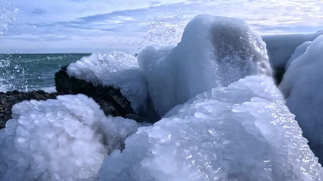 Sea ice frozen onto natural coquina limestone rocks composed of marine shells, forming icicles and ice accretions during winter in the Black Sea (Mare Ponticum), Ukraine.