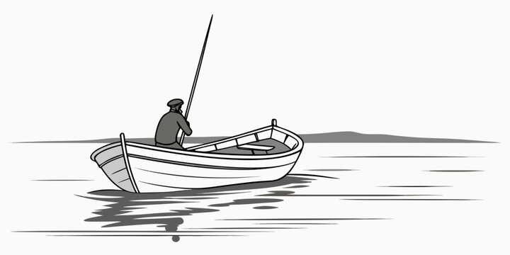 man in a small boat on the water with a fishing rod Vector