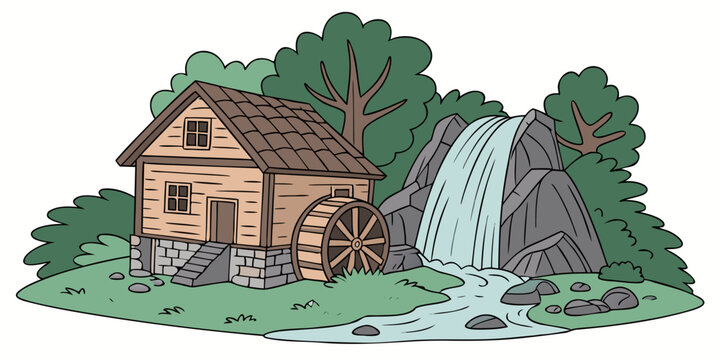 a small house next to a waterfall Vector