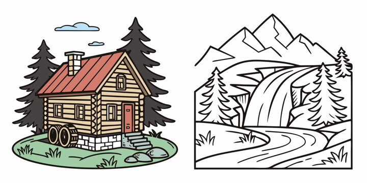 a house with a red roof and a waterfall in the background Vector