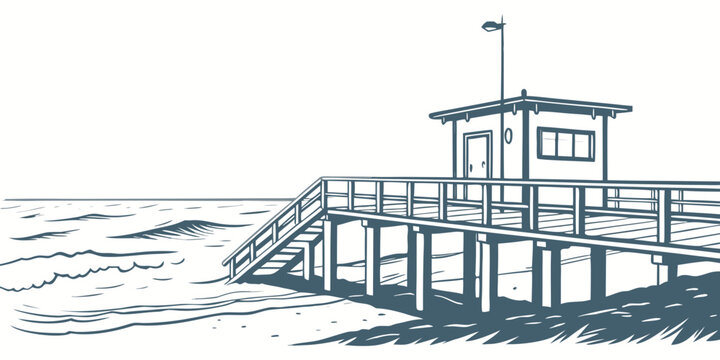 a small pier with a building on top Vector