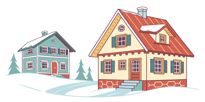 two houses on a snowy street in a residential area Vector
