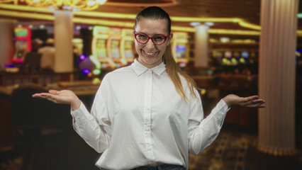 Woman wearing red glasses and white shirt presenting open palms while smiling inside a busy casino...