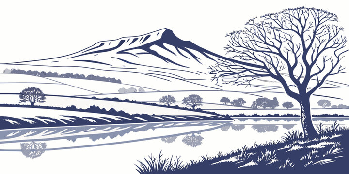 a tree stands alone in a serene landscape Vector