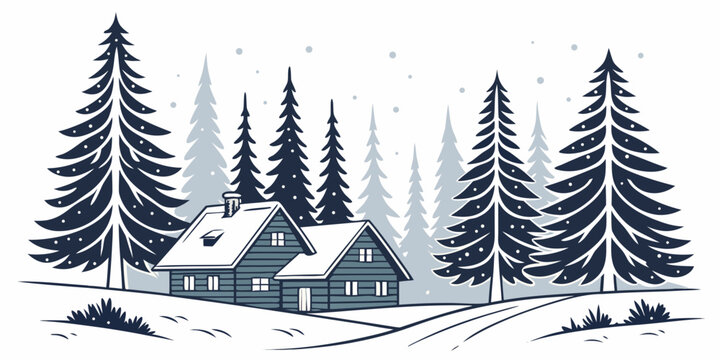 a house in the snow surrounded by tall evergreen trees Vector