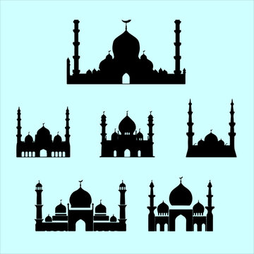 A beautiful set of traditional black mosque silhouettes featuring classic domes and tall minarets, adorned with crescent moon symbols, set against a calming light blue background. This unique vector i