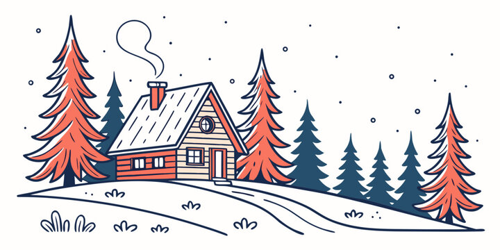a house on a snowy hill with trees Vector