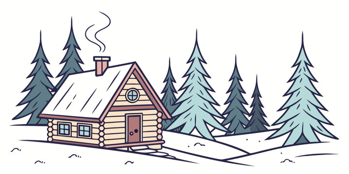 a small log cabin in a snowy forest with pine trees Vector