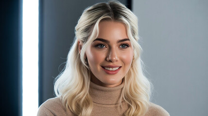 Fototapeta premium A beautiful smiling blonde teen woman with a cute fashion expression and happy eyes in a closeup person model shot