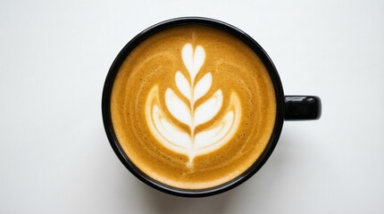 Top down view of a black ceramic coffee mug filled with latte art on a white background showcasing a leaf design in a warm beverage © Abbas