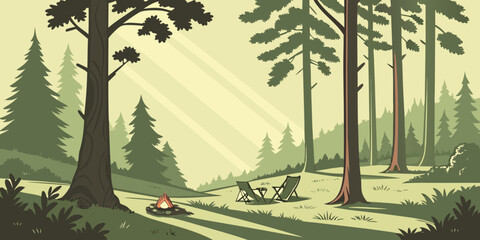 a serene forest scene with tall trees and a campfire Vector © RABBY
