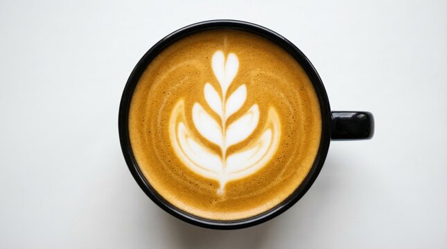 Top down view of a black ceramic coffee mug filled with latte art on a white background showcasing a leaf design in a warm beverage