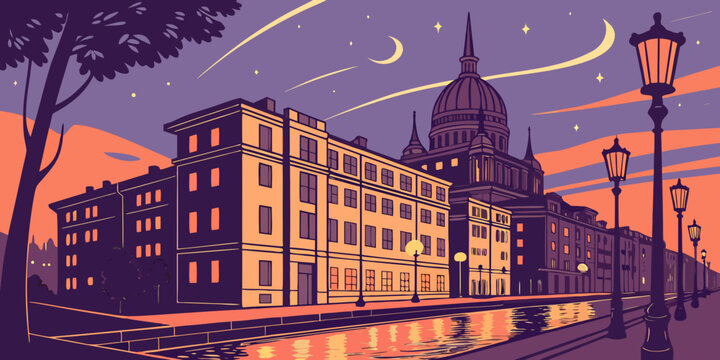 a large building with a clock tower next to a street light Vector