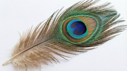 Fototapeta premium Vibrant peacock feather with blue green and gold colors on white background detailed texture and pattern