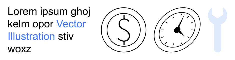 Fototapeta premium Project management, time efficiency, cost savings, business services, financial management, repair services. Minimalist clock, dollar sign and wrench icons. Time efficiency and cost savings concept