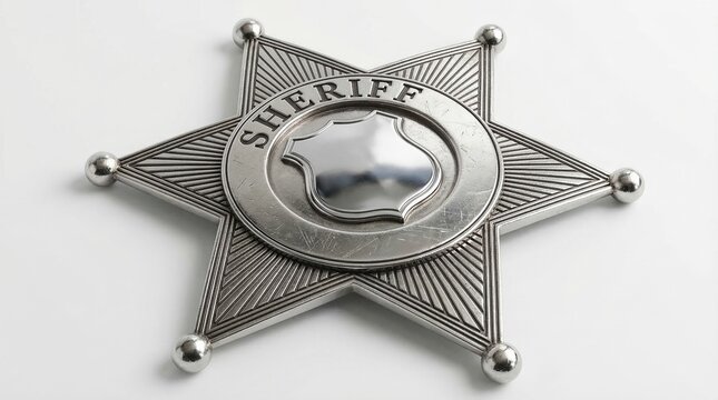 Detailed silver sheriff badge with star shape and engraved text on white background