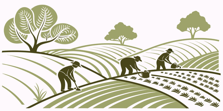 farmers working in a field with trees Vector