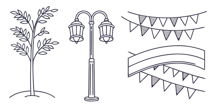 a tree a street lamp and two types of hanging banners Vector