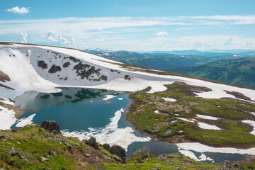 Scenic sunlit landscape with alpine lake in rocky snowy cirque near stone hill top during thaw. Ice floats in mountain lake among rocks and snows with view to forest mountain range under cloudy sky. © Daniil