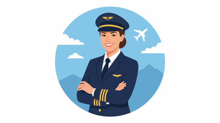 A confident pilot stands with arms crossed in uniform, symbolizing professionalism and dedication in aviation, with a clear sky and airplane in the background. © Miaochan