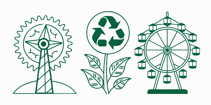 green icons of a recycling symbol with leaves and two different Ferris wheels Vector
