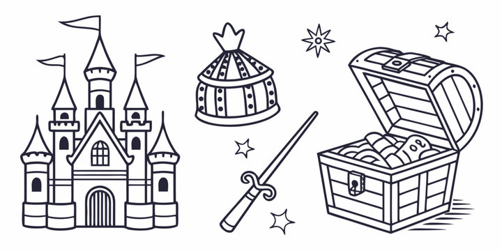 a castle, treasure chest, and magic wand for fantasy Vector