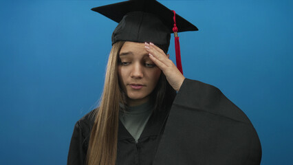 Obraz premium Teen girl wearing mortarboard and graduation gown holds hand on forehead in blue studio; uncertainty doubt reflection hesitation.