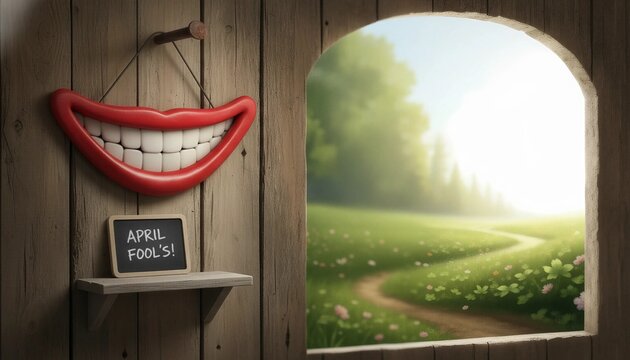 Huge red smile and chalkboard sign with text April Fools hanging on rustic wooden wall near garden window. Decorative humor and prank concept for joyful springtime holiday celebration.