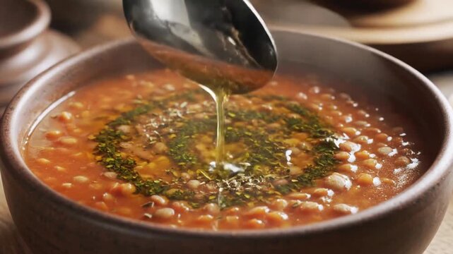Adding a finishing touch: a spoon of shimmering olive oil with herbs is drizzled onto a rustic bowl of hearty lentil stew.
