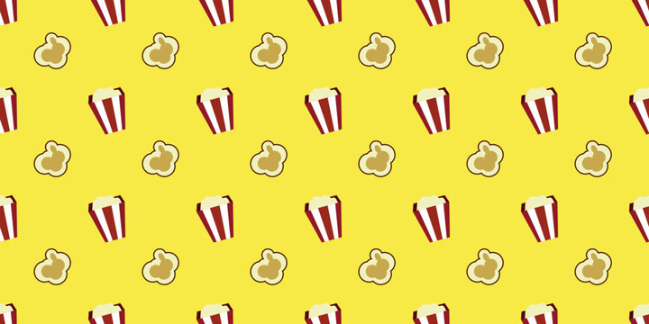 popcorn seamless pattern vector illustration. seamless pattern of classic red and white stripes buckets popcorn on a yellow background. 