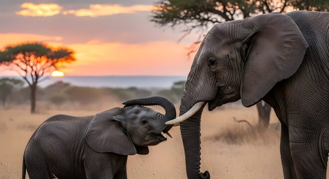 Mother Elephant and Calf Emotional Moment at Sunset