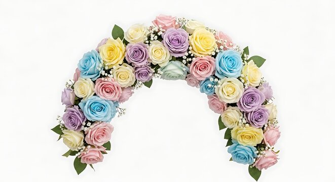 "Pastel rainbow rose flower arch with pink lavender blue yellow blooms and greenery, beautiful wedding floral arbor, romantic curved garland, close-up elegant decor shot"
